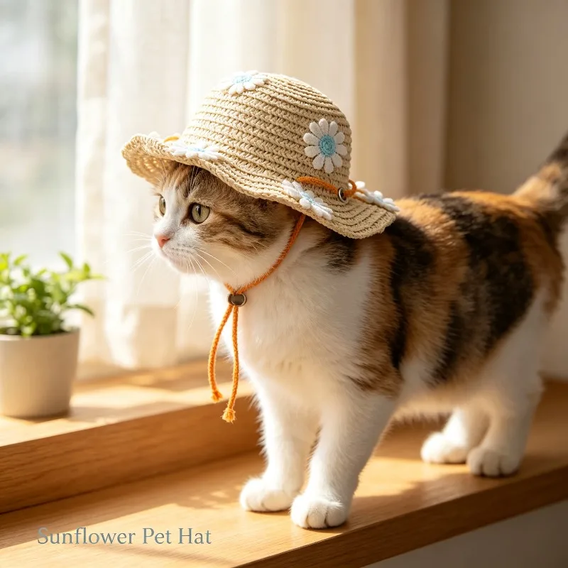 Cute Straw Woven Pet Hat With Flower Trim Adjustable Chin Strap For Small Dogs Cats Party Photo Prop