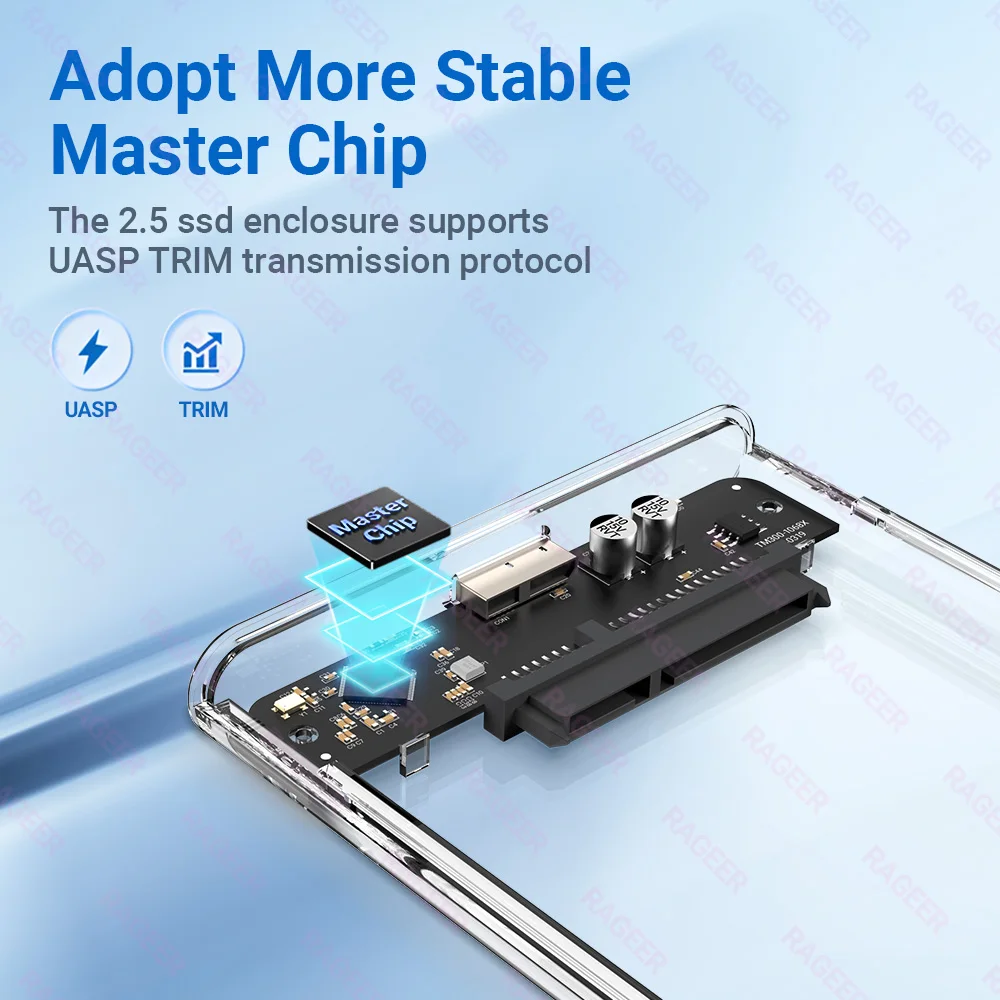 RAGEER Tool- free Transparent 2.5 Inch External Hard Drive Enclosure - Fast 5Gbps Micro-B to USB 3.0  SATA HDD Adapter Case