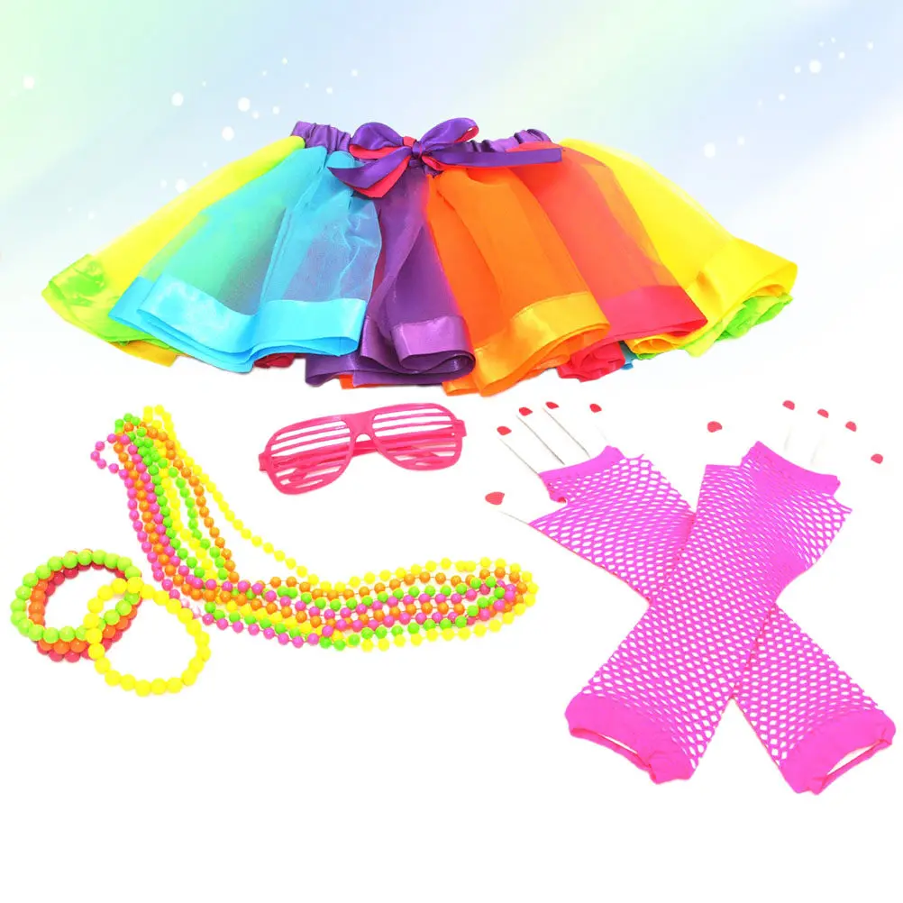 1Set Rainbow Tutu Suit Photography Costume for Women Includes Skirt Gloves 4 Bracelets 4 Bead Chains Glasses Perfect for Party
