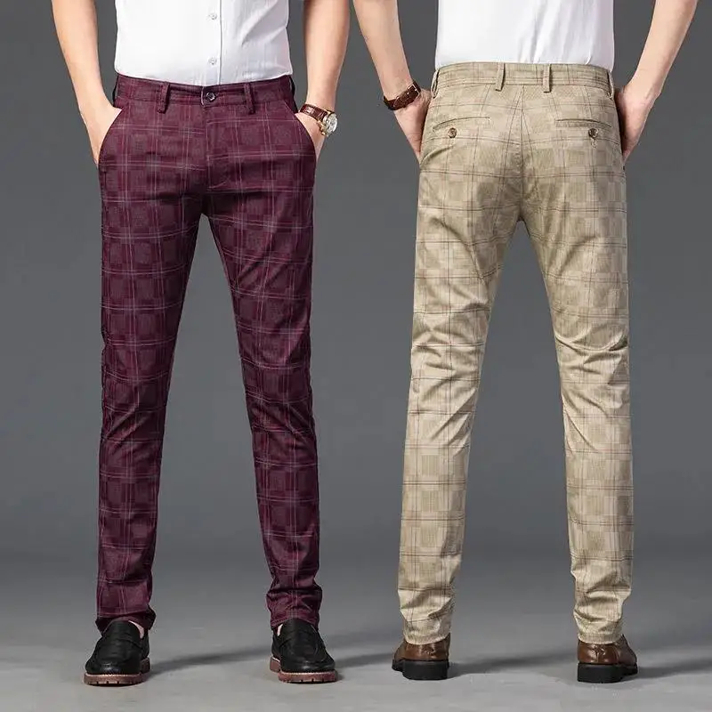 

Spring Young Men's Plaid Business Casual Pants Men's British Small Straight Slim-fitting Trend Non-iron Burgundy Trousers