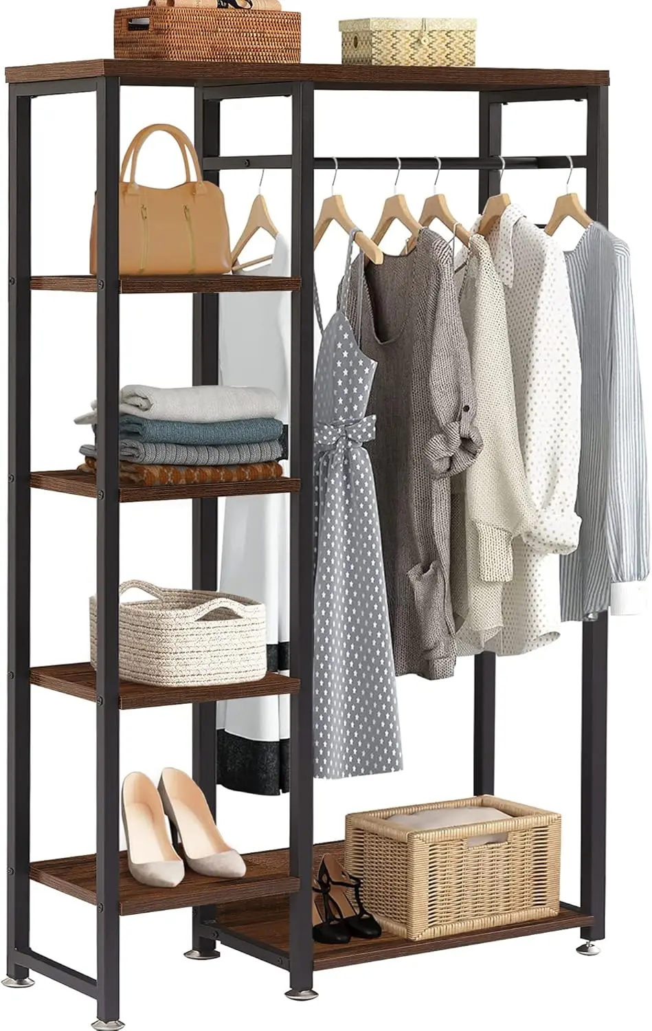 Open Garment Clothing Rack, Free-Standing Heavy Duty Storage Closet with 5 Shelves and Hanging Rod for Small Spaces, Max Load