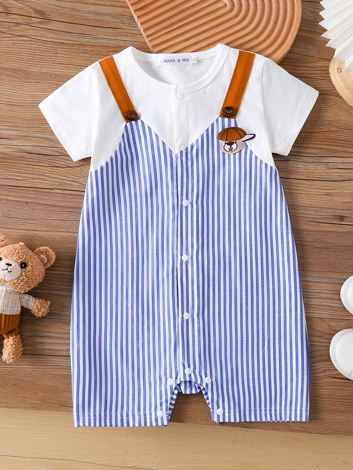 

Хлопковые комбинезоны с имитацией подтяжек и полосатым принтом медведя для младенцев 0-24 месяцев.