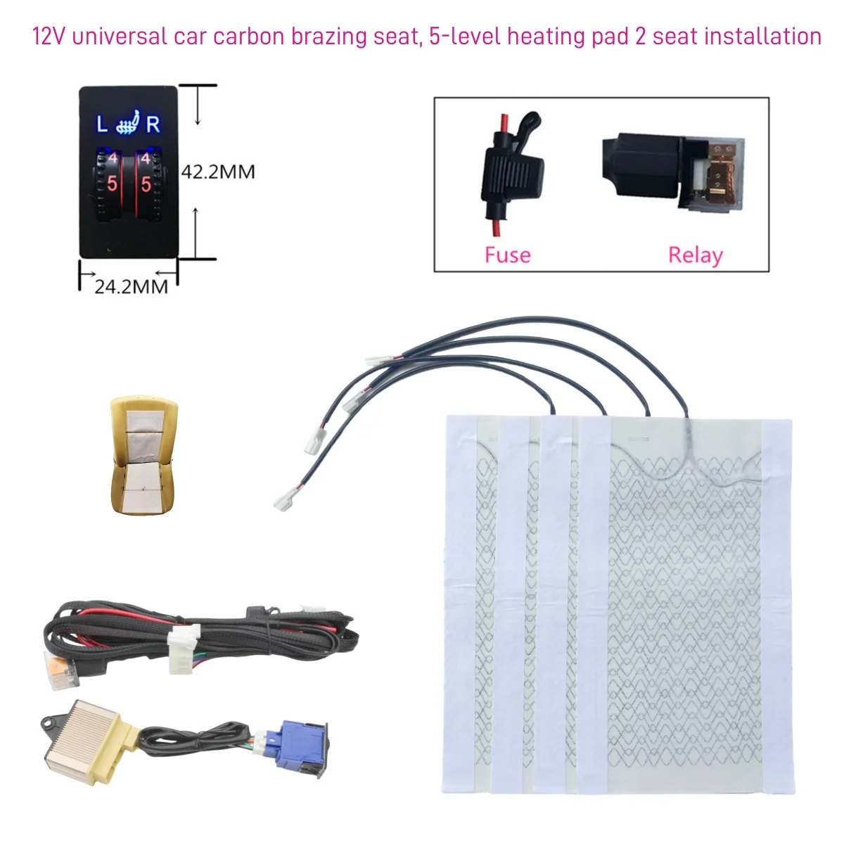 

2 Seats 4 Pads Universal Carbon Fiber Car Heated Seat Heater 12V Pads 2 Dial 5 Level Switch Winter Warmer Seat Covers heating