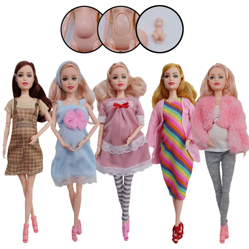 Educational Toy Pregnant Dolls for Children with Two Babies and Random Shoes Accessories Fashion Clothes Gift for Barbiess Games