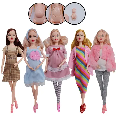 Educational Pregnant Dolls for Dollhouse with Two Mini Doll and Random Shoes Accessories Fashion Clothes Gift for Doll Games