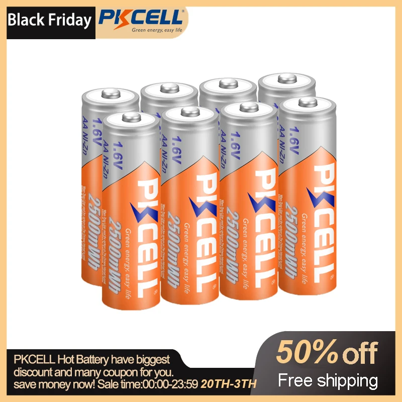 8pcs/lot PKCELL AA Battery Ni-Zn 1.6V 2500mWh Nickel-Zinc AA Rechargeable Battery Batteries Baterias For Flashlight toy camera
