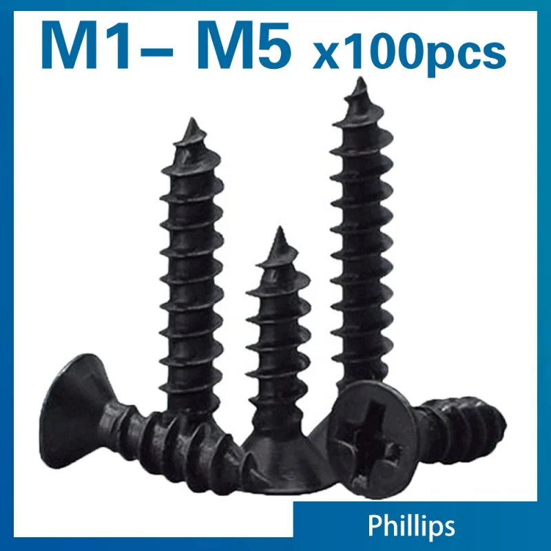 Tornillo autorroscante de cabeza plana avellanada cruzada, M1, M1.2, M1.4, M1.5, M2, M2.6, M3, M3.5 M, 4 M5, acero al carbono negro, 100 unids/lote