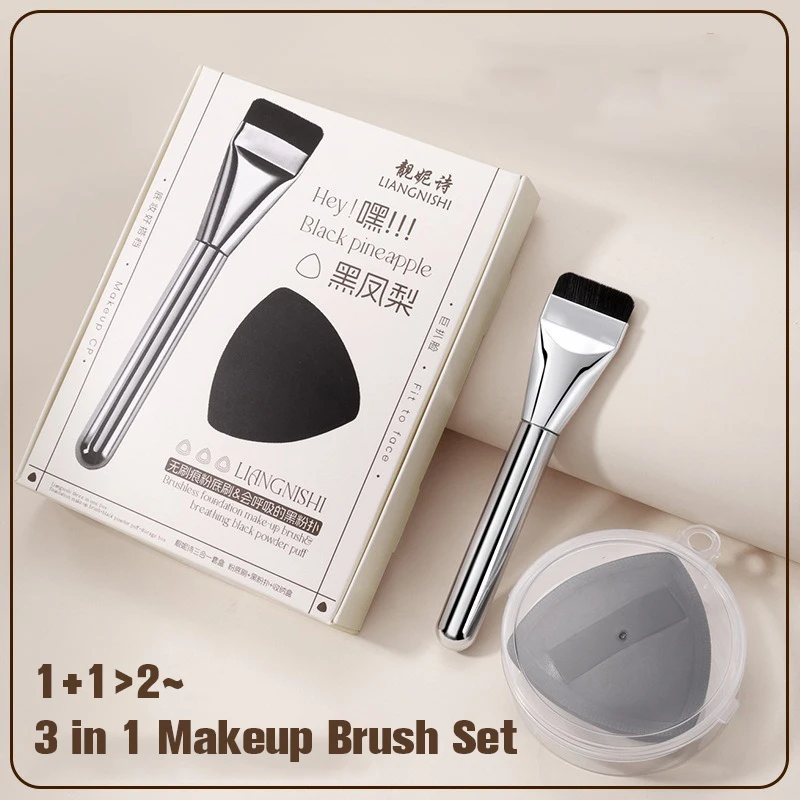 3 In 1 Makeup Brush Set,Foundation Brush With Triangle Powder Puff, No Streaks Base Makeup Tool For Liquid Foundation Cream