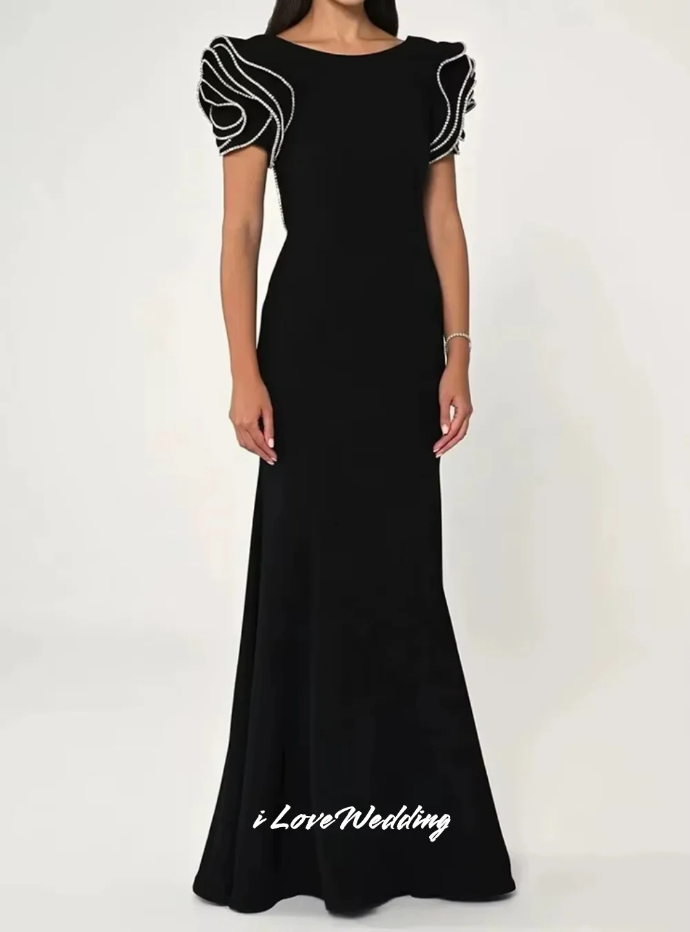 

Black O-Neck Evening Dresses 2025 Satin Beaded Backless Mermaid Pleated Elegant Floor-Length Wedding Party Dresses Customized