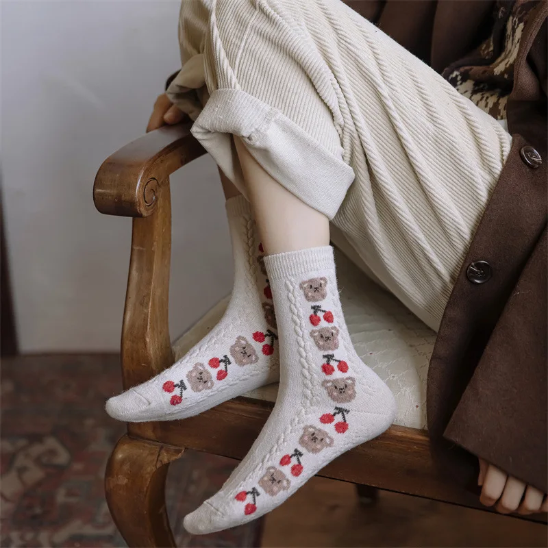 Cute Bear Socks Women's Socks High Wool Keep Warm Brown Winter Sock Fuffy Retro Lovely Kawaii Cartoon Christmas Gift