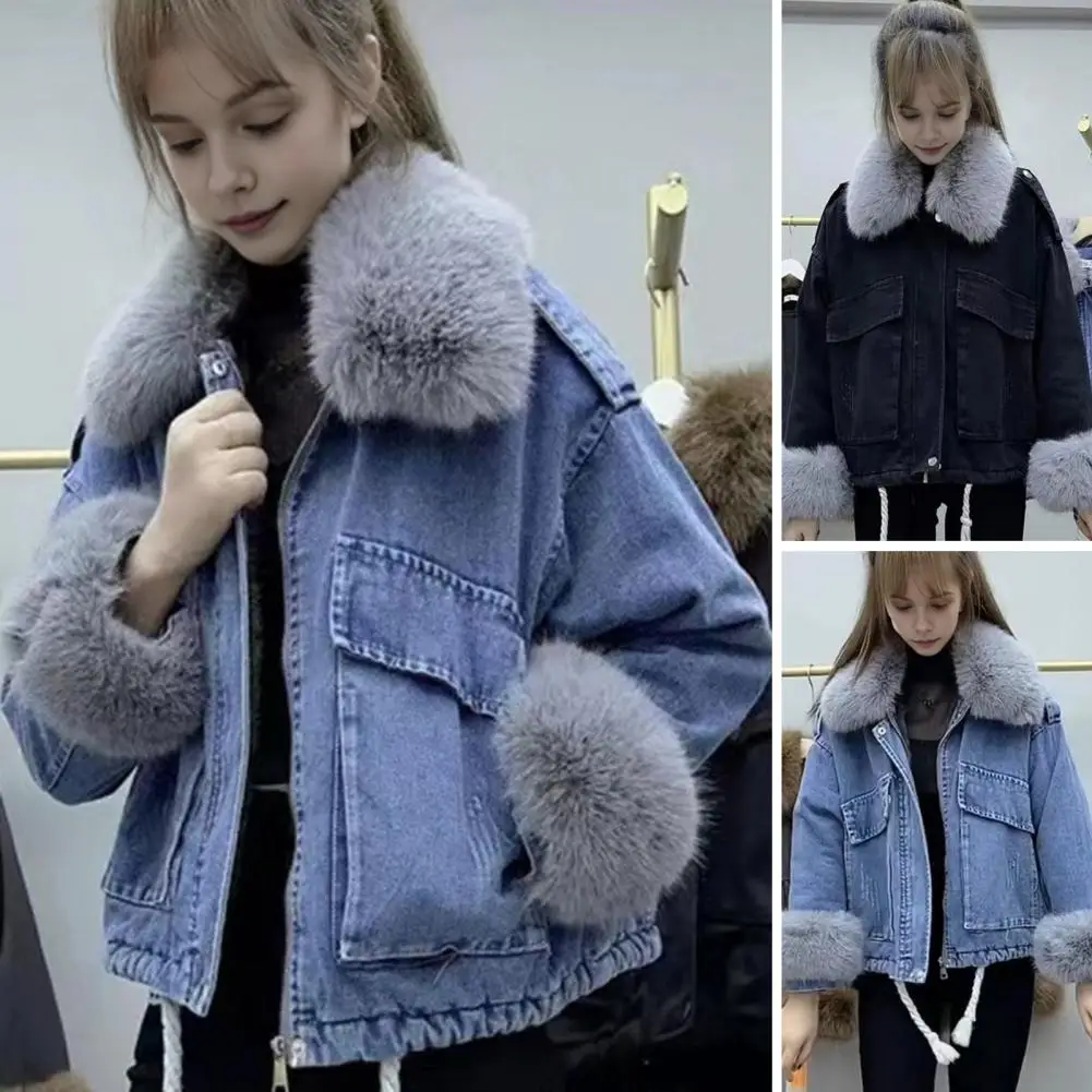 Winter Women Denim Jacket Faux Fur Trim Long Sleeves Thick Plush Lined Pockets Cold-proof Mid Length Windproof Outdoor Warm Coat