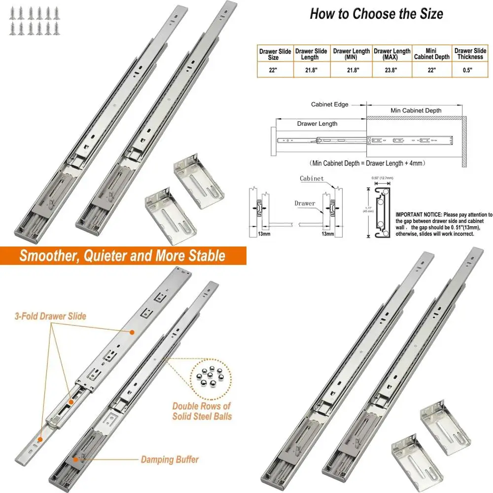 

Удлиненные направляющие для выдвижных ящиков 22 дюйма, 10 пар, с шарикоподшипниками, боковое крепление для шкафов