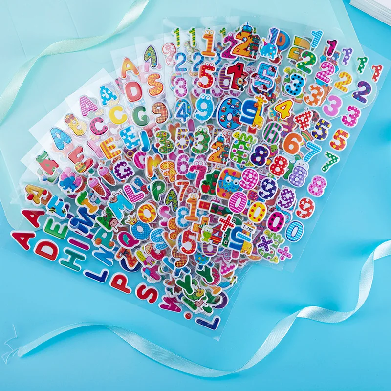 10 hojas de pegatinas hinchadas 3D, letras y números del alfabeto inglés, pegatinas, regalo de Festival de cumpleaños para niños, decoración de álbumes de recortes
