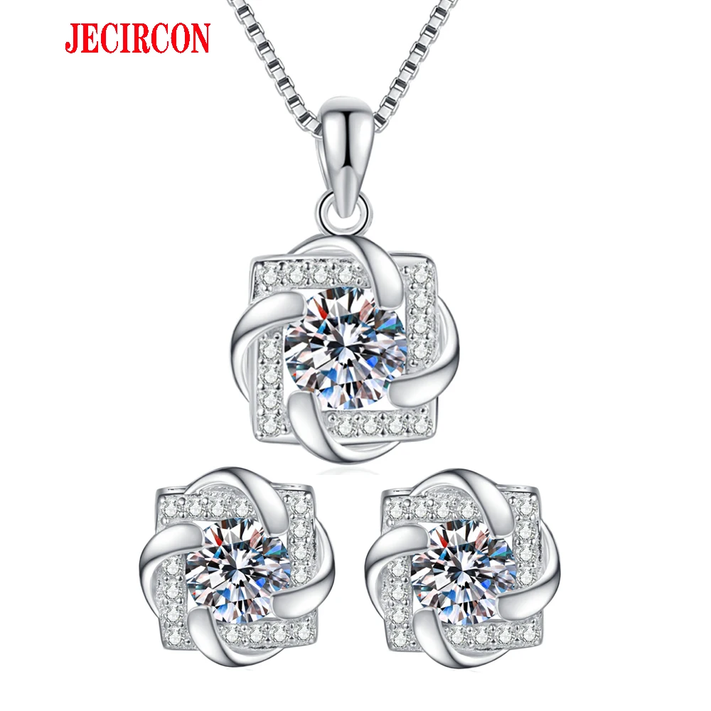 

JECIRCON S925 Sterling Silver Moissanite Jewelry Set 1ct Necklace and 0.5ct Earrings Rotating Windmill Sparkling Elegant Jewelry