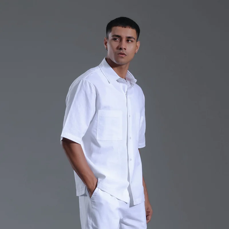 

Men's Solid Color Cotton Linen Short Sleeve Shirts Vacation Beach Summer Tops with Pocket Casual Lightweight Button Shirts