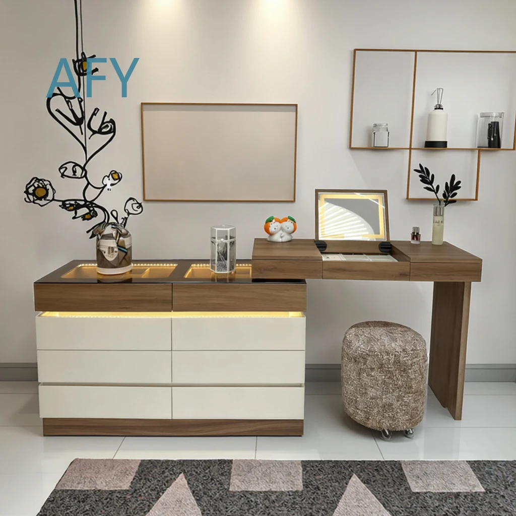 Minimalist Wood Dressing Table with Lighted LED Mirror Durable Storage Assembled Eco Friendly for Bedroom Living Room