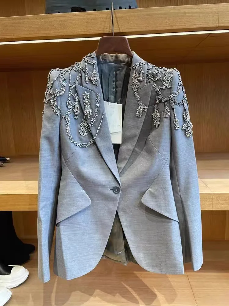 Elegant Diamonds Shiny Blazer 2024 For Women Notched Slim Casual Luxury Holiday Party Club Summer