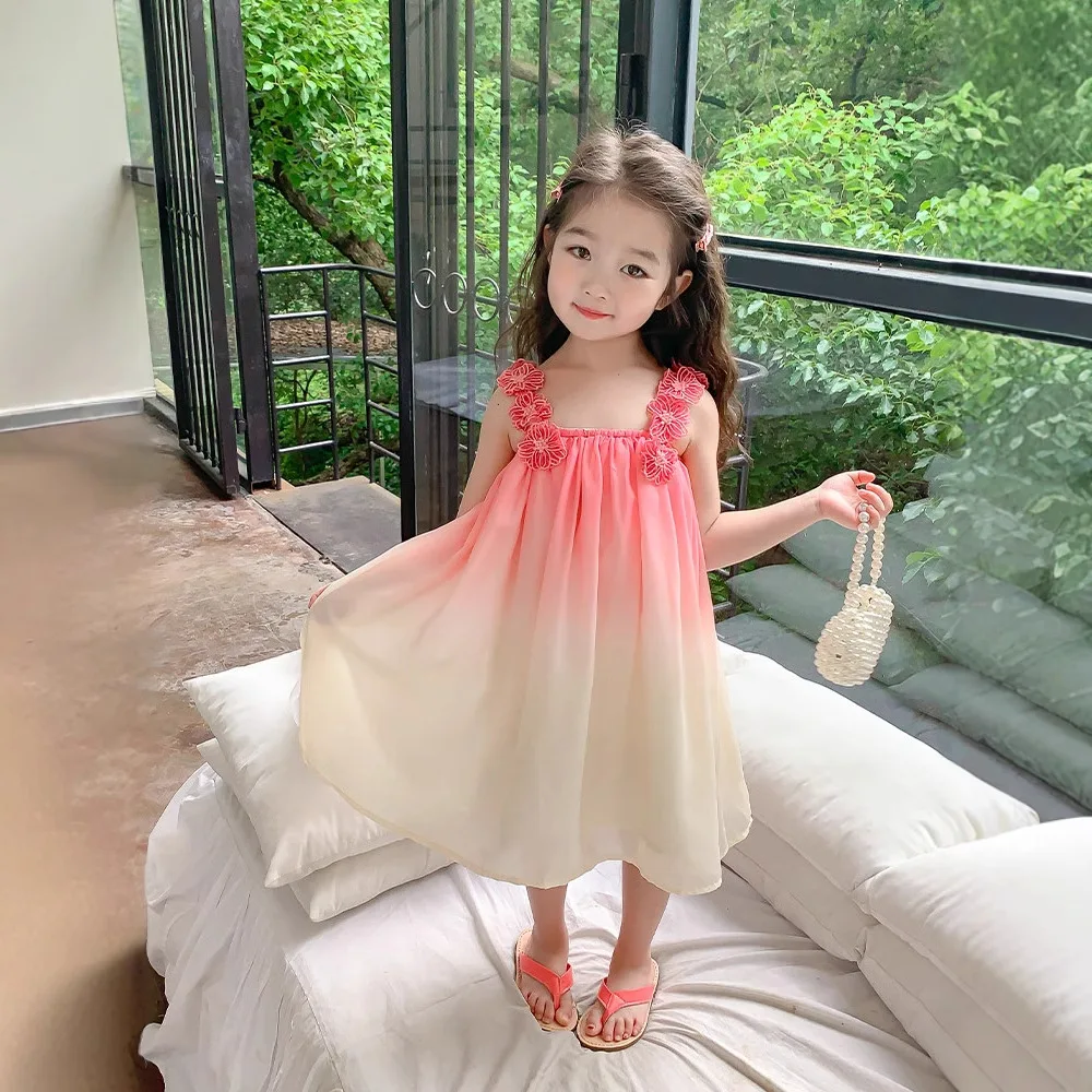 Girls Dress Summer New Gradual Change Color Suspender Flower Beach Skirt Vest Skirt Medium Children Fashion Casual