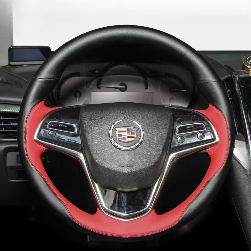 

Для Cadillac CTS 2014-2016 ATS 2013 2014 2015, прошитый вручную черный, красный, нескользящий чехол на руль автомобиля из натуральной кожи