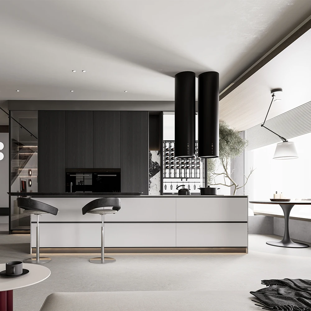 #Wholesale Modern Two-Tone Kitchen Cabinets, Grey Wood Grain & White Lacquer Modular Kitchen Set