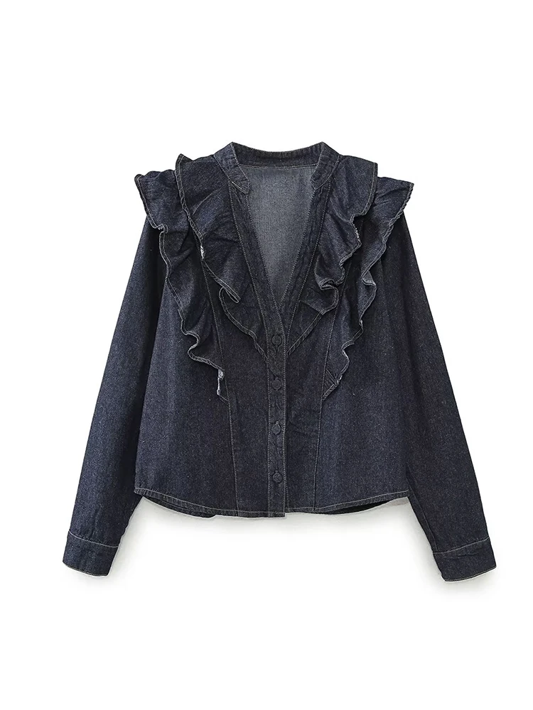 Willshela damesmode 2-delige set denimblauw blouse met enkele rij knopen en vintage jeans met ritssluiting aan de voorkant vrouwelijke chique damesbroeksets