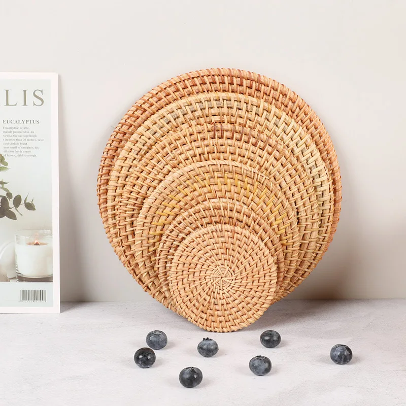 

8-20cm Woven Rattan Tea Cushion Round Natural Rattan Cup Mat Coasters Hand Woven Hot Insulation Placemats Table Padding Kitchen