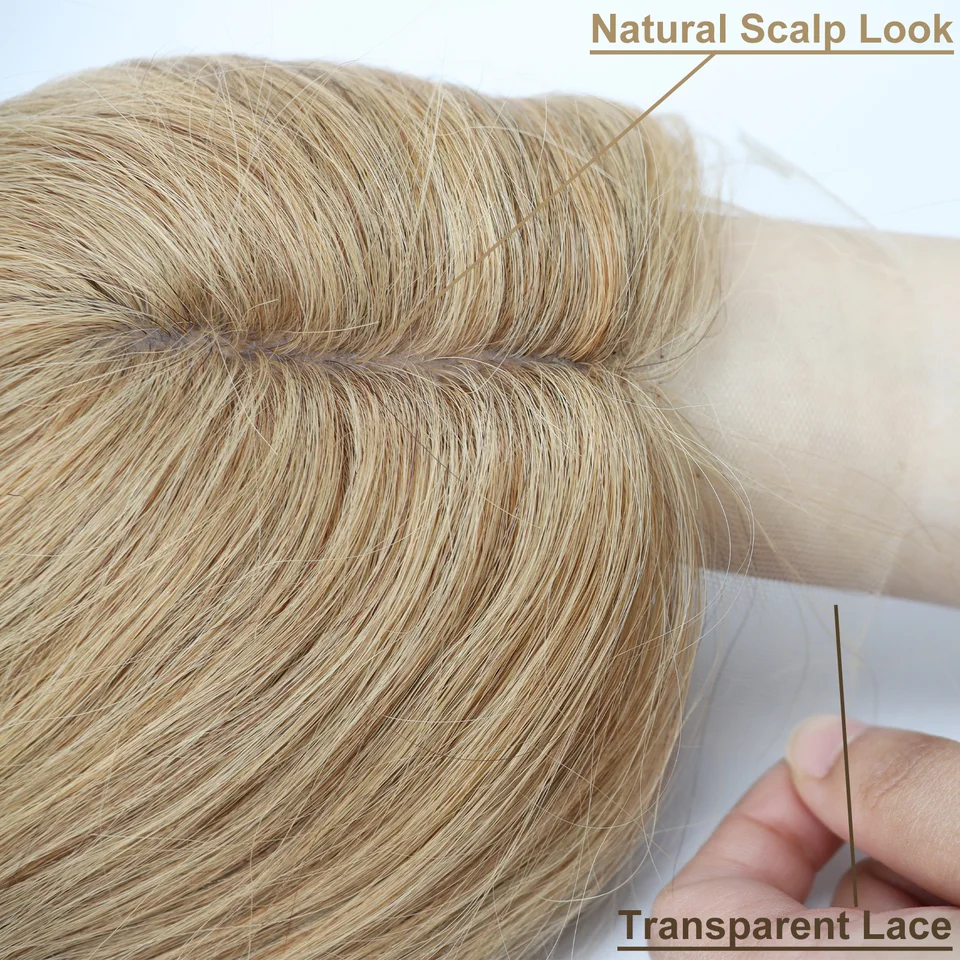 Toupee #27 Rubio Miel Remy Cabello Humano con Clips Base de Piel de Seda Frontal de Encaje Top de Seda 5
