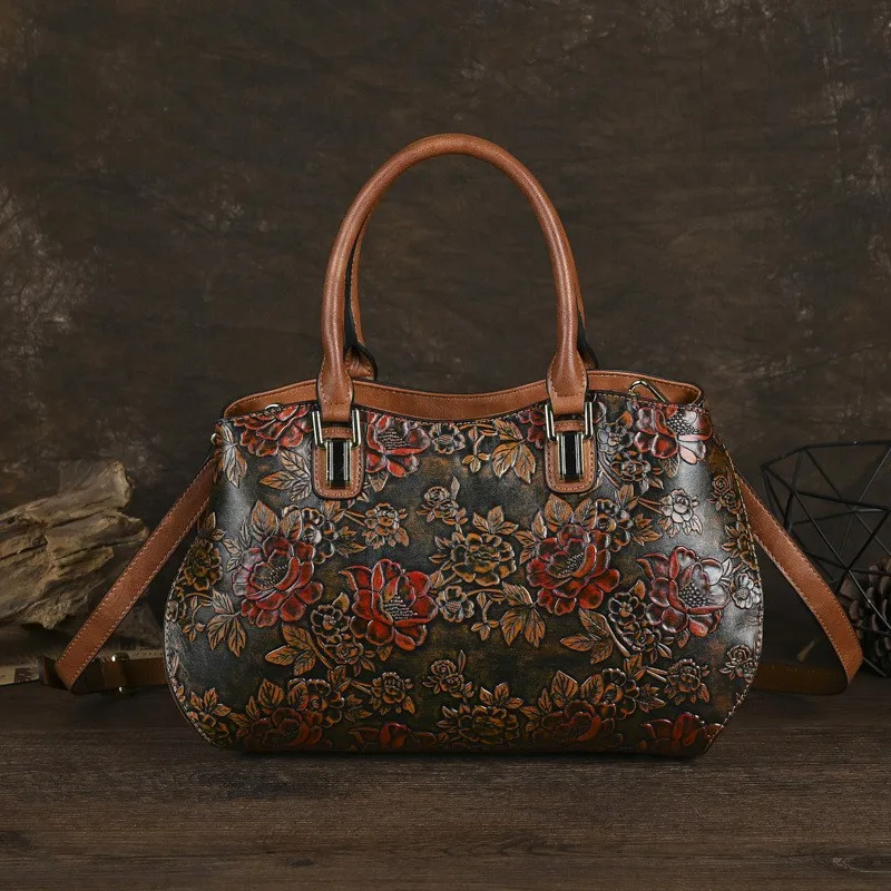 

Johnature 2025 New Women's Bag Retro Embossed Handbag Versatile Hand Painted Cowhide Shoulder & Crossbody Bags