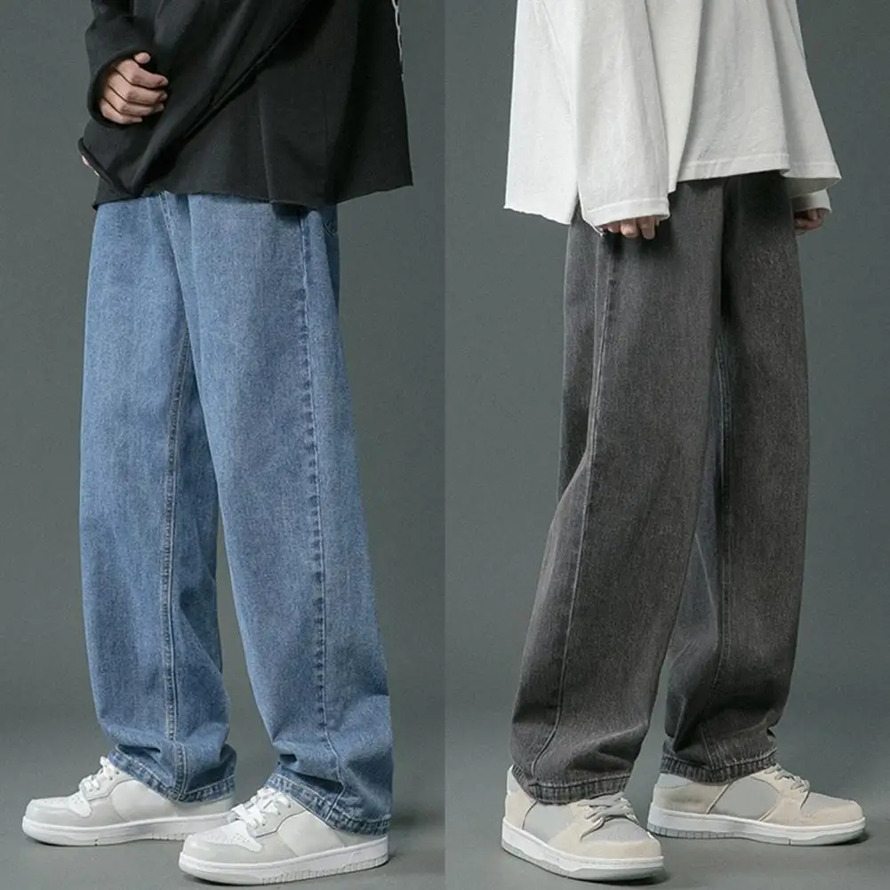 Koreanische männer Casual Hip Hop Lange Baggy Jeans Klassische Mann Gerade Breite Bein Denim Hosen Hellblau Grau Schwarz Streetwear hosen