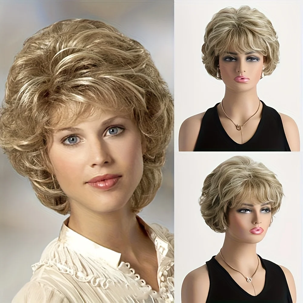 Short Curly Blonde Synthetic Wig With Bang Women Daily Halloween Christmas Costume Wig Natural Looking Heat Resistant Fiber Wigs