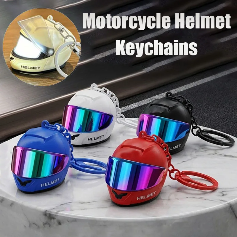 Cool Motorcycle Helmet Keychain 3D Mini Helmet Keyring with LED Light Gifts for Night Warning Bikers, Car Lovers, Birthday