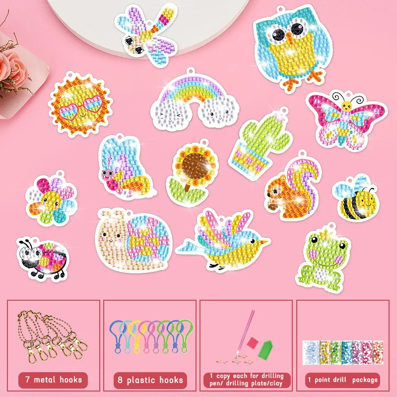 Gem Diamond Painting Art Kits for Kids Cute Stickers with Keychain DIY Tools Small Diamond Dots Arts Crafts for Children Gifts