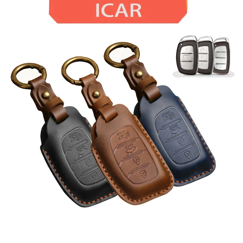 ICAR 4 Button Leather for Hyundai Tucson IX35 I IX25 I10 I20 Sotaque Sonata Elantra Car Key Case Smart Remote Key Cover Fob Ring