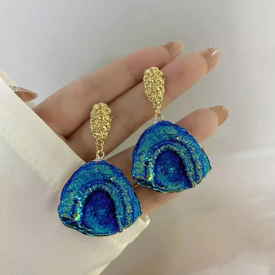 New Abstract Natural Stone Dangle Earrings for Women Statement Van Gogh Painting Stars Geometric Volcanic Rock Earrings