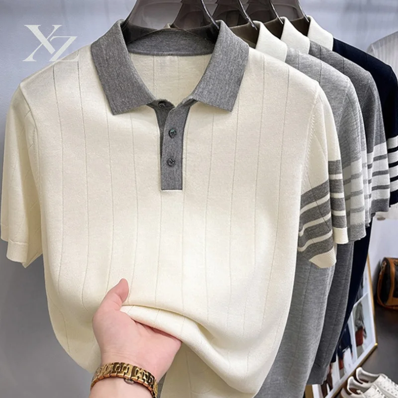 Opening Sale |Men's Color Block Knit Polo Shirt, Short Sleeve Vertical Striped Casual Business Top for Spring Summer