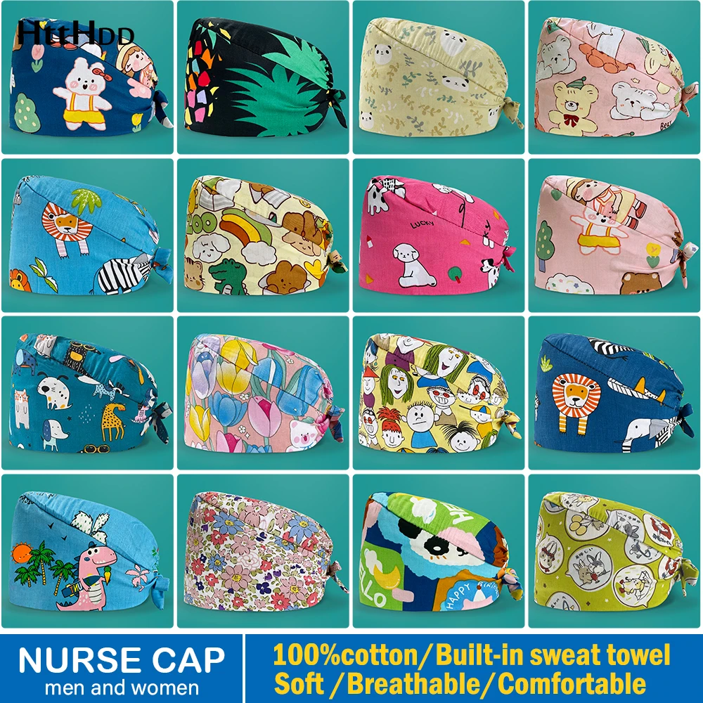 Printed Nurse Working Medical Hats Surgical Scrub Cap 100% Cotton Breathable Medical Nursing Scrubs Medical Cosmetic Dentist Hat