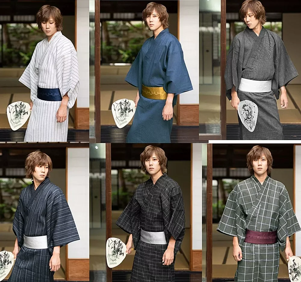 Japanese Men's Yukata Traditional Kimono Premium Linen-Cotton Blend Ideal for Travel & Photo Shoot Multiple Patterns Ava