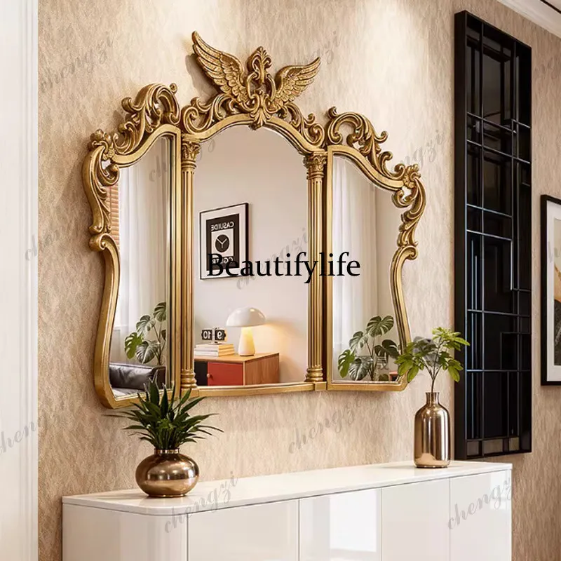 European retro tri-fold makeup mirror court carving old gold decoration high-end wall-mounted bathroom mirror