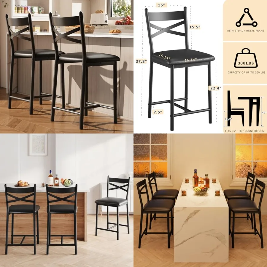 

Bar Stools Set of, Counter Height Bar Stools with PU Upholstered Seat, Metal Frame Kitchen Bar Chairs with X-Design Back and Fo