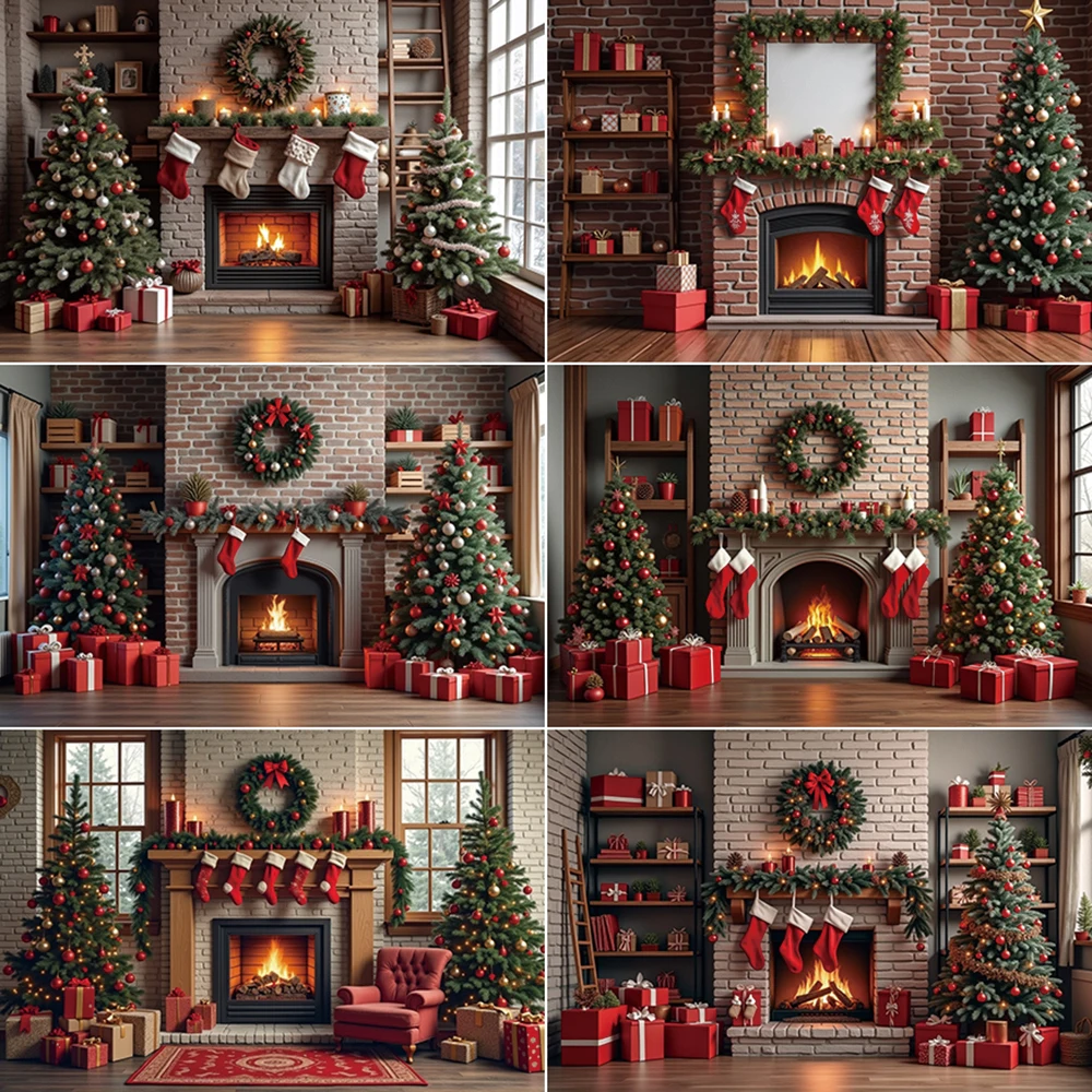 

MOON.QG Christmas Trees Old Brick Fireplace Backdrop Teddy Bear Balls Gift Baby Background Children's Photo Studio Accessories