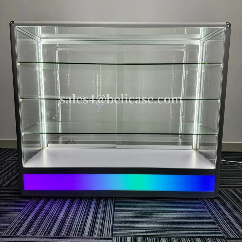 customized.Aluminum Frame Multi-tier Floor Display Retail Store Glass Counter with Colored RGB Light Smoke Shop Glass Showc