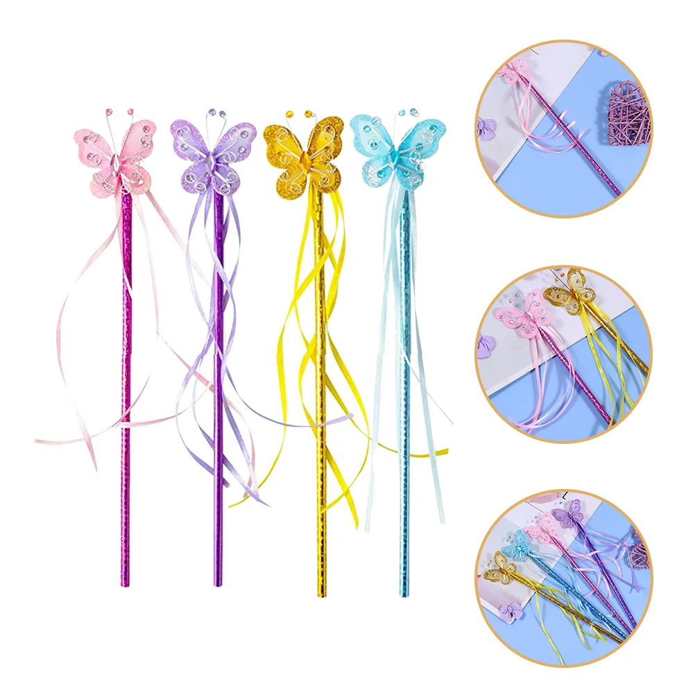 

4 Pcs Fairy Wand Girl Butterflies Pink Decorations Princess Ribbons Pvc Decorative Dress-up Wands Child