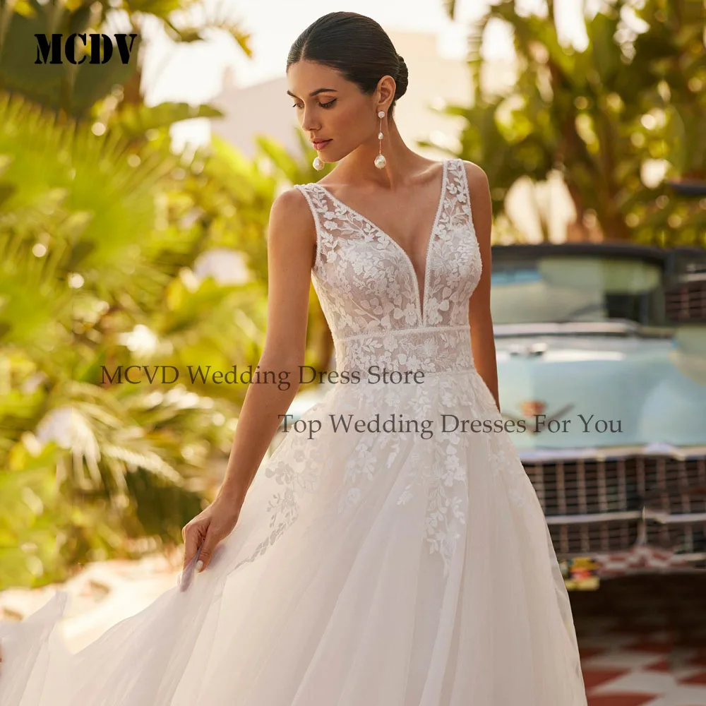 MCDV Princess Wedding Dresses Detachable Long Sleeve Double V-Neck Applique A Line Lace Bride Gowns Customized robe de mariée