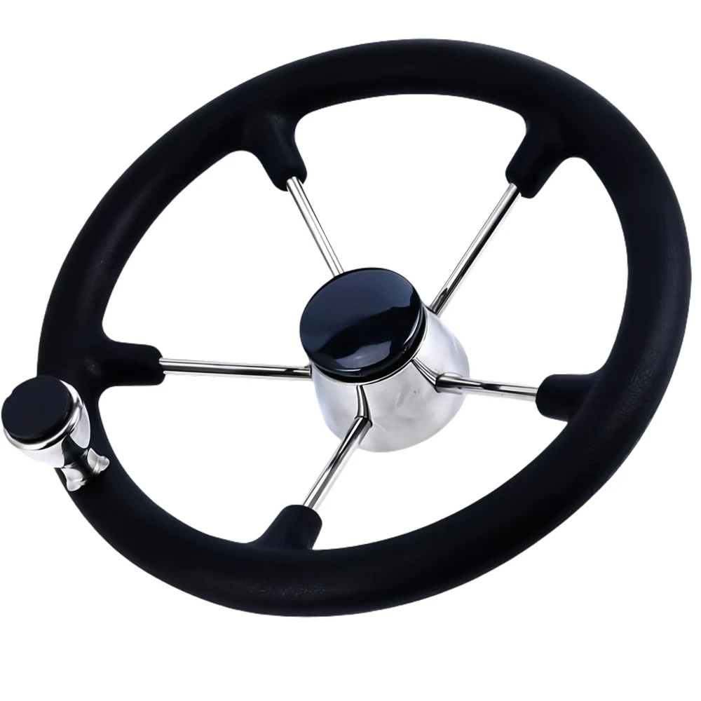 13-1/2 Inches  Stainless Steel Destroyer Steering Wheel,With 5 Spoke Boat Marine Black PU Foam