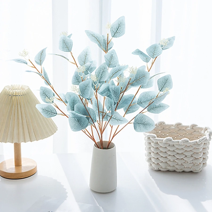 Picture 6: Artificial Plant Leave Three Pronged Eucalyptu Wedding Wreath Bonsai Home Room Table Office Decor Outdoor Yard Gift High Quality