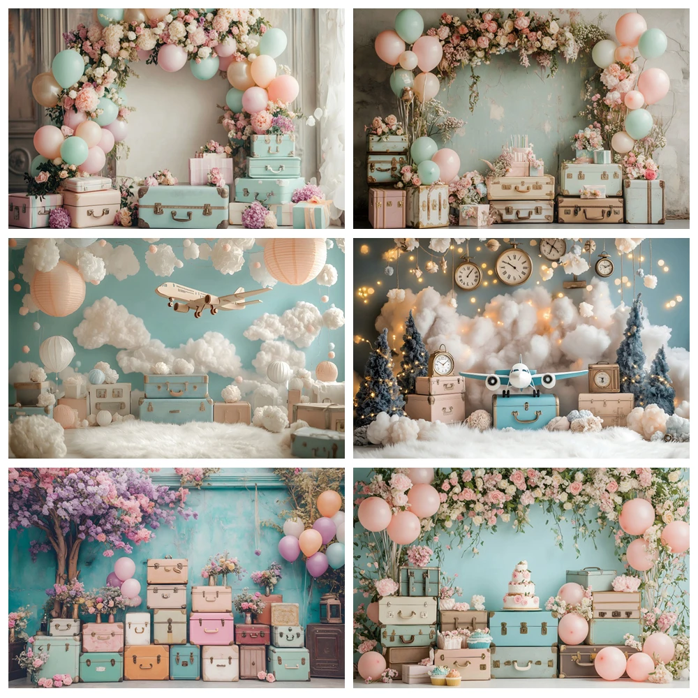 

Luggage Photography Backdrop Blue Wall Flower Arch Aircraft World Travel Birthday Party Decor Kids Adults Portrait Photo Props