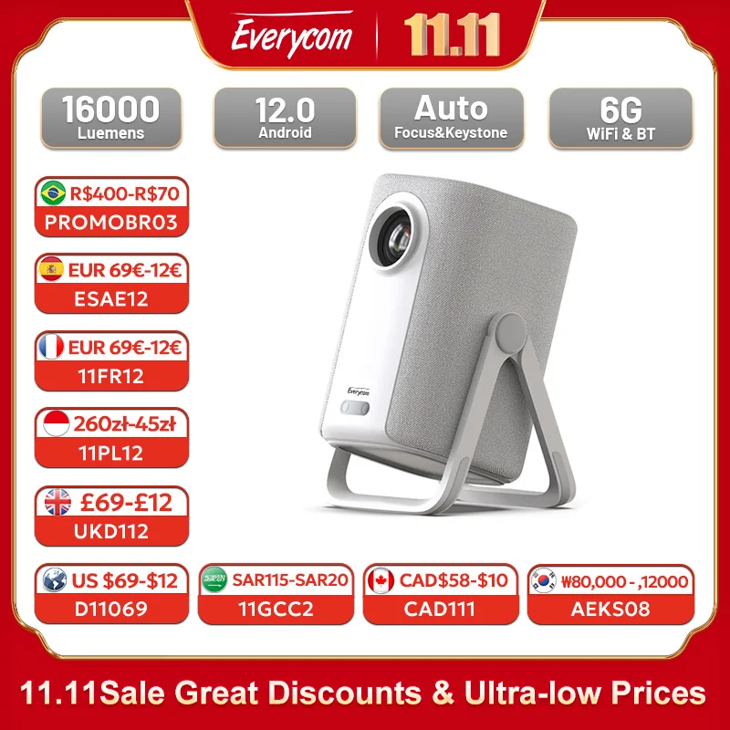 Everycom R16 Full HD 1080P Projector 4K Smart Bluetooth WiFi 6 Android 12 16000 Lumens Auto Focus Home Theater Cinema Projectors