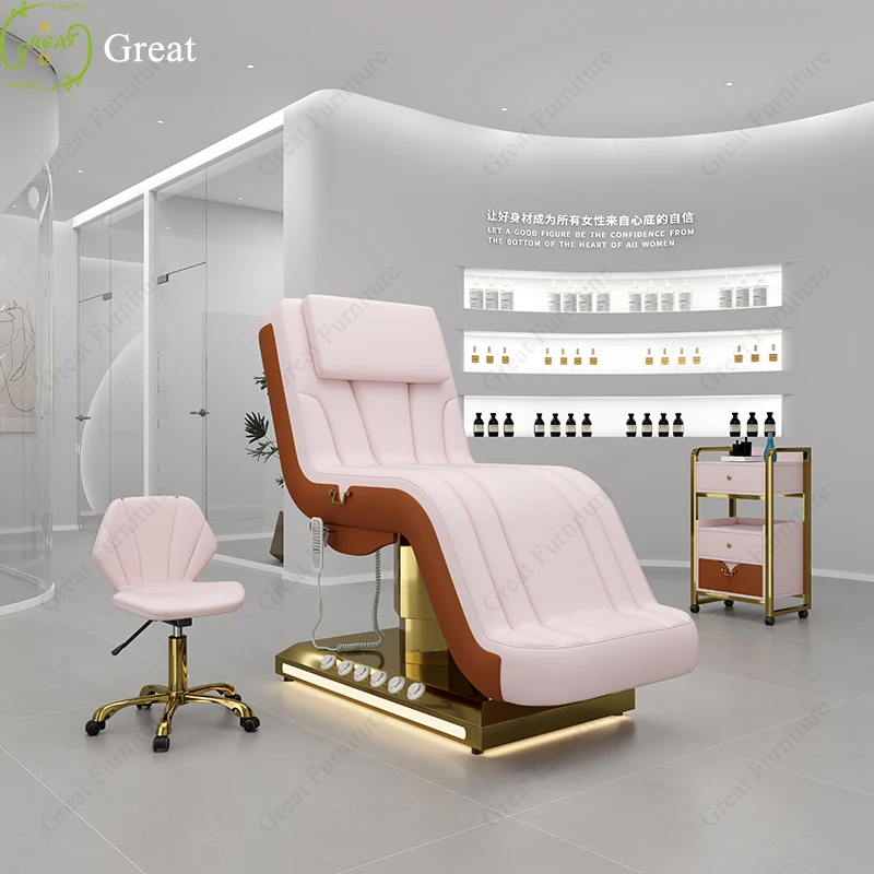 Mesa de masaje con Base dorada de cuero rosa, diseño de nueva llegada, cama de Spa Facial eléctrica de 3 motores con Control de pie, 2024