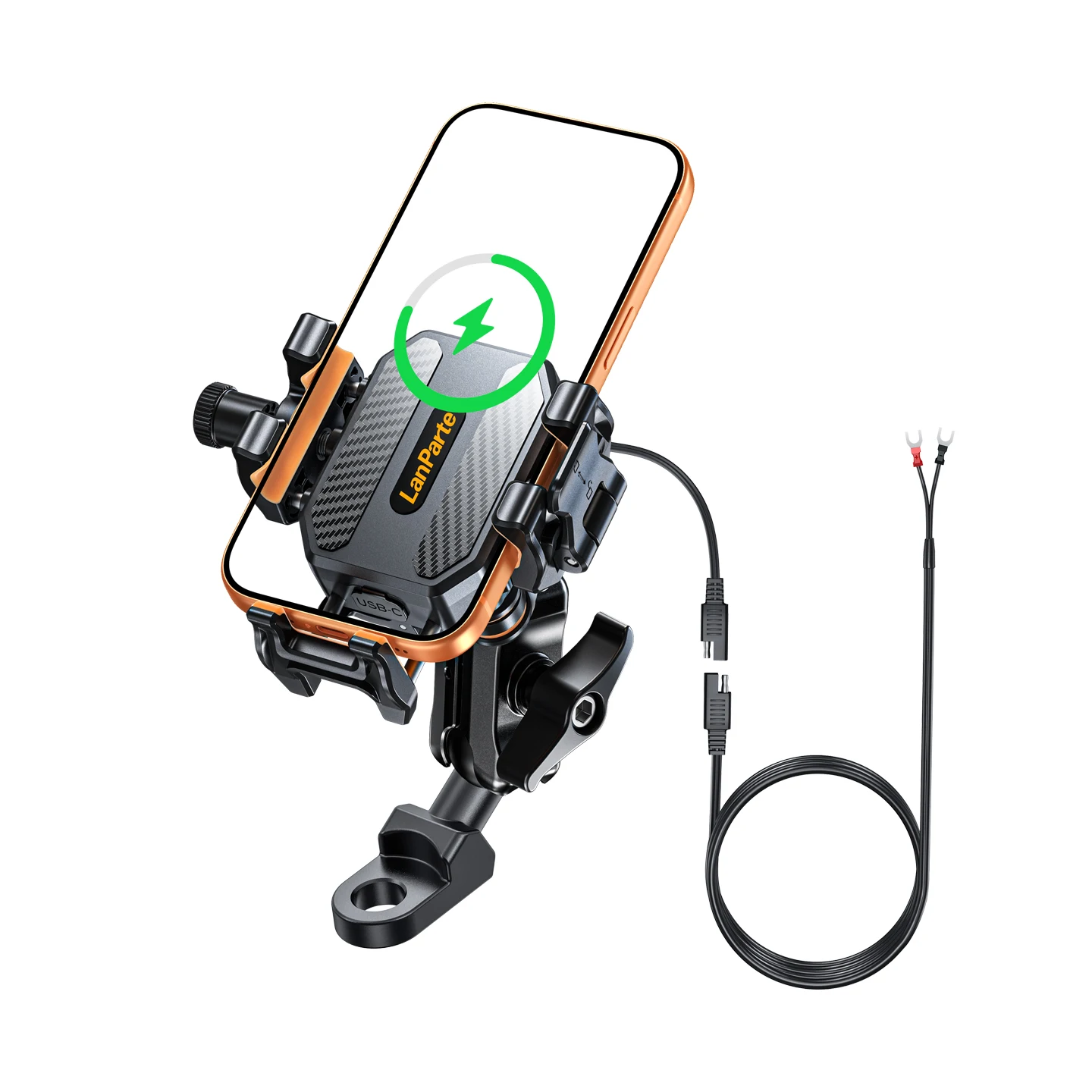 

Ударопрочный держатель для телефона на мотоцикл с беспроводной зарядкой 15 Вт и быстрой зарядкой USB-C 36 Вт для мотоциклов, велосипедов, скутеров