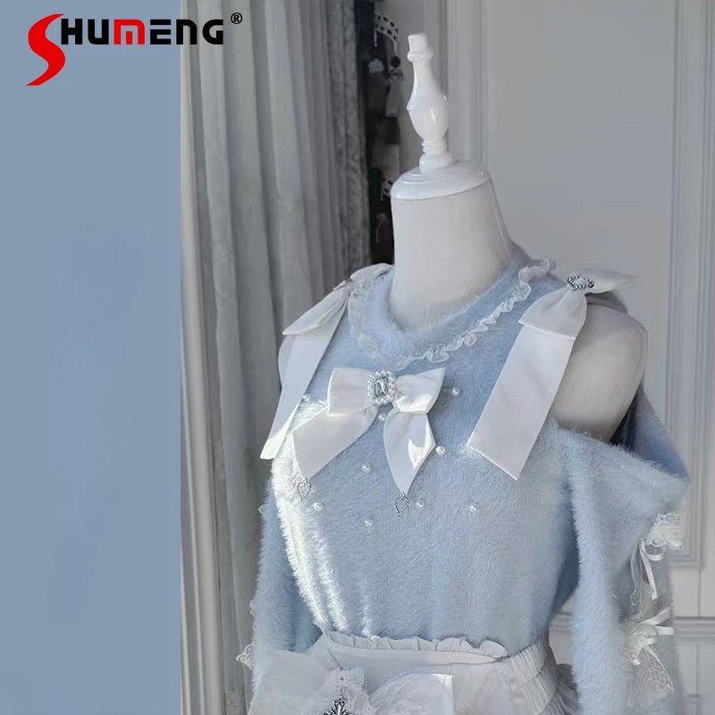 

Y2K Subculture Lace Lolita Style New Autumn Winter Black Watercolor Short Sweater Jacket High Waist Skirt Two-Piece Set Ladies